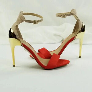 Zara Basic Size 36 (US 5.5-6) Women's Red Suede Ankle Strap Gold Heel Pumps